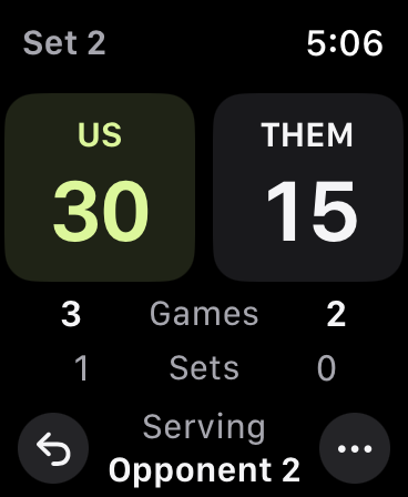 Match in set 2: US leads 30–15, games 3–2 and sets 1–0; Opponent 2 serves next.