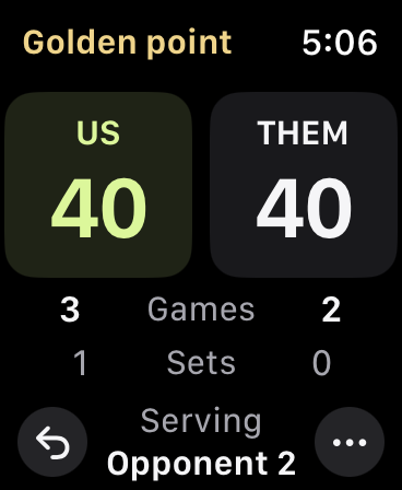 Golden point at 40–40, with games 3–2, sets 1–0 and the next server below the score.