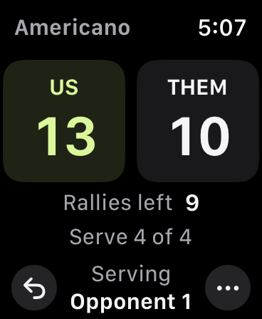 Americano score US 13, THEM 10, with 9 rallies left in a 32-rally round.