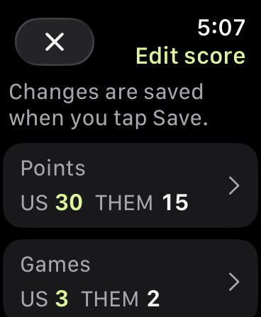 Edit score showing US 30, THEM 15 and games US 3, THEM 2. Changes are saved when you tap Save.
