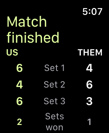 Saved Match result showing completed sets 6–4, 4–6 and 6–3 in US and THEM columns.
