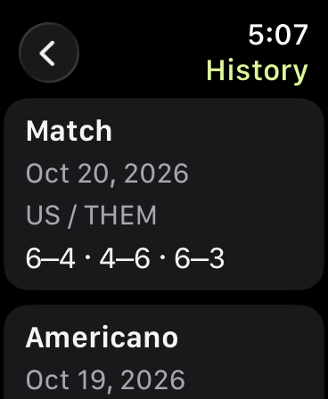 History with a Match result dated October 20, 2026, scores 6–4, 4–6 and 6–3, followed by an Americano entry.