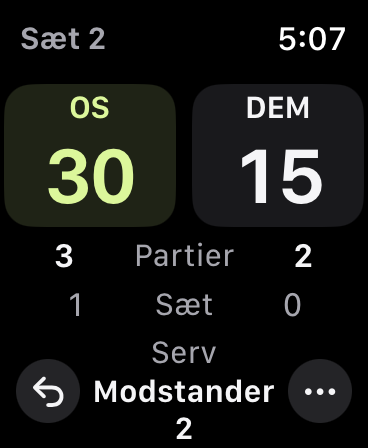 Kamp i sæt 2: OS fører 30–15, partier 3–2 og sæt 1–0. Modstander 2 server næste gang.