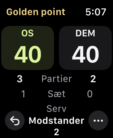 Golden point ved 40–40, partier 3–2, sæt 1–0 og næste server under stillingen.