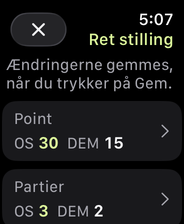 Ret stilling viser OS 30, DEM 15 og partier OS 3, DEM 2. Ændringer gemmes, når du trykker på Gem.