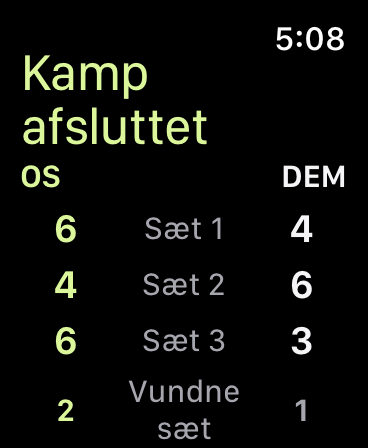 Gemt kampresultat med afsluttede sæt 6–4, 4–6 og 6–3 i kolonnerne OS og DEM.