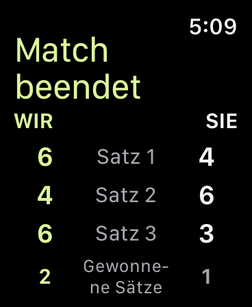 Gespeichertes Match-Ergebnis mit den Sätzen 6–4, 4–6 und 6–3 in den Spalten WIR und SIE.