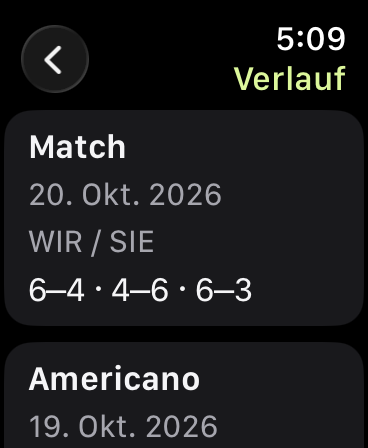 Verlauf mit einem Match vom 20. Oktober 2026 und den Sätzen 6–4, 4–6 und 6–3. Darunter steht eine Americano-Partie.