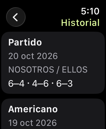 Historial con el resultado de un partido del 20 de octubre de 2026, con sets 6–4, 4–6 y 6–3, seguido de una ronda de Americano.