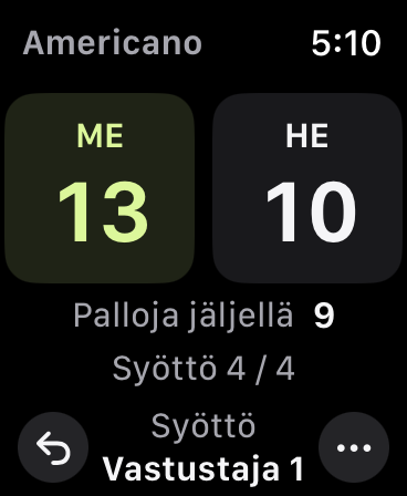 Americanon pisteet: ME 13, HE 10. Jäljellä on 9 palloa 32 pallon kierroksesta.