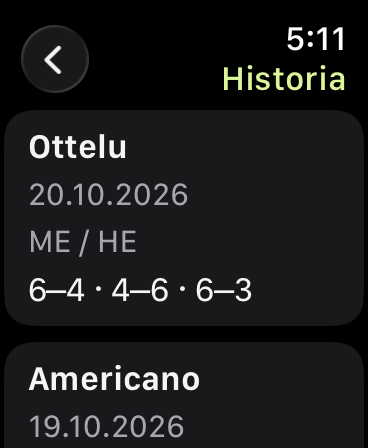 Historiassa näkyy 20. lokakuuta 2026 pelattu ottelu, jonka erät ovat 6–4, 4–6 ja 6–3. Sen alla on Americano-kierros.