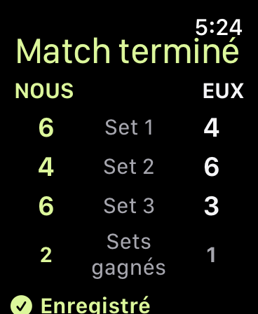 Résultat Match enregistré : sets terminés 6–4, 4–6 et 6–3, dans les colonnes NOUS et EUX.