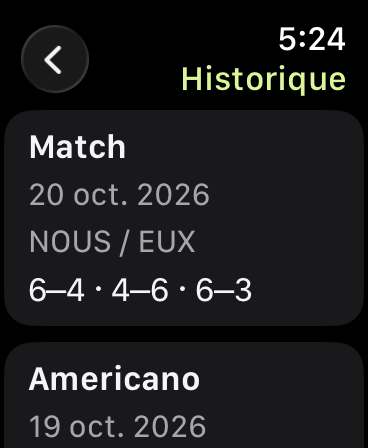 Historique : un résultat Match du 20 octobre 2026, avec les scores 6–4, 4–6 et 6–3, suivi d’une partie Americano.
