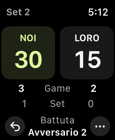 Incontro al secondo set: NOI avanti 30–15, game 3–2 e set 1–0; il prossimo a battere è Avversario 2.