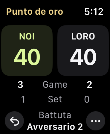 Punto de oro sul 40–40, con game 3–2, set 1–0 e il prossimo battitore sotto il punteggio.
