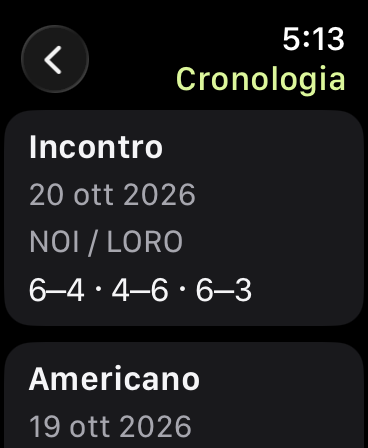 Cronologia con un Incontro del 20 ottobre 2026, punteggi 6–4, 4–6 e 6–3, seguito da un turno di Americano.