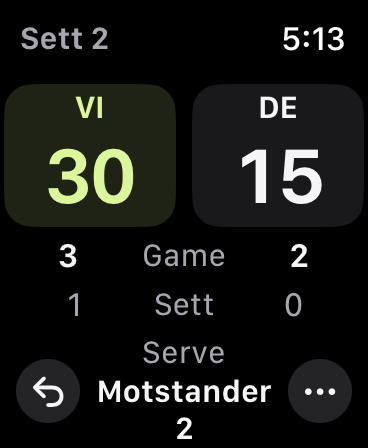 Kamp i sett 2: VI leder 30–15, 3–2 i game og 1–0 i sett. Motstander 2 server neste gang.