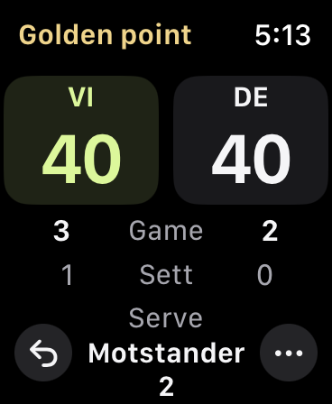 Golden point ved 40–40, med 3–2 i game, 1–0 i sett og neste server under stillingen.