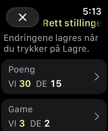 Rett stillingen viser VI 30, DE 15 og game VI 3, DE 2. Endringene lagres når du trykker på Lagre.