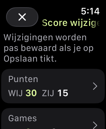 Score wijzigen: WIJ 30, ZIJ 15 en games WIJ 3, ZIJ 2. Wijzigingen worden pas bewaard als je op Opslaan tikt.