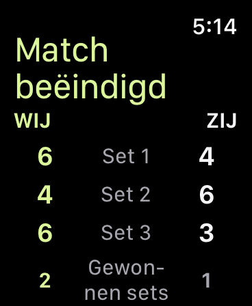 Opgeslagen Match-resultaat met voltooide sets 6–4, 4–6 en 6–3 in de kolommen WIJ en ZIJ.