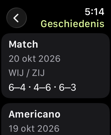 Geschiedenis met een Match-resultaat van 20 oktober 2026: 6–4, 4–6 en 6–3. Daaronder staat een Americano-ronde.