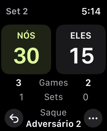 Partida no set 2: NÓS na frente por 30–15, games 3–2 e sets 1–0; o Adversário 2 saca a seguir.