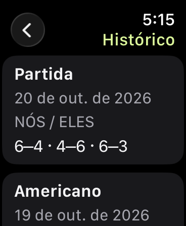 Histórico com o resultado de uma Partida de 20 de outubro de 2026, com sets de 6–4, 4–6 e 6–3, seguido de uma entrada de Americano.
