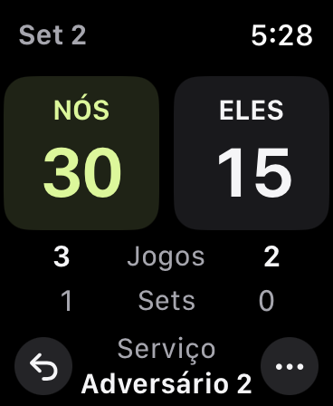 Partida no set 2: NÓS à frente por 30–15, jogos 3–2 e sets 1–0; o Adversário 2 serve a seguir.