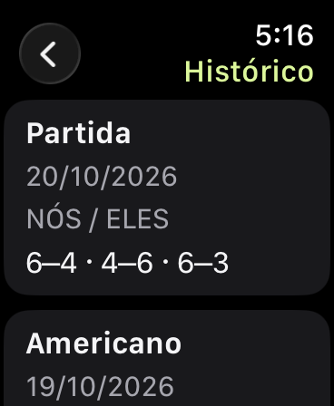 Histórico com o resultado de uma Partida de 20 de outubro de 2026, com sets de 6–4, 4–6 e 6–3, seguido de uma entrada de Americano.