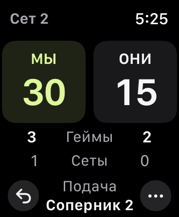 Матч, второй сет: МЫ ведём 30–15, геймы 3–2, сеты 1–0; следующим подаёт соперник 2.