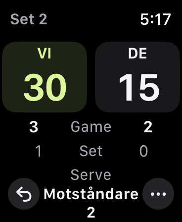 Match i set 2: VI leder med 30–15, 3–2 i game och 1–0 i set. Motståndare 2 servar härnäst.