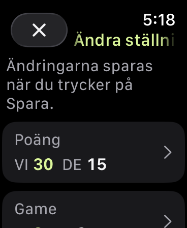 Ändra ställning visar VI 30, DE 15 och 3–2 i game. Ändringarna sparas när du trycker på Spara.