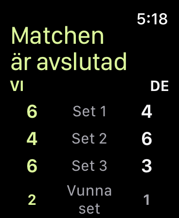 Sparat matchresultat med avslutade set: 6–4, 4–6 och 6–3 i kolumnerna VI och DE.